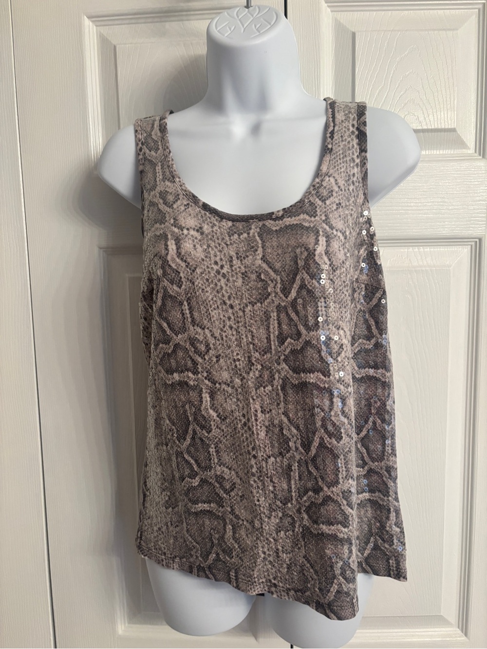 INC International Concepts Taupe Snake-Print Sequin Tank